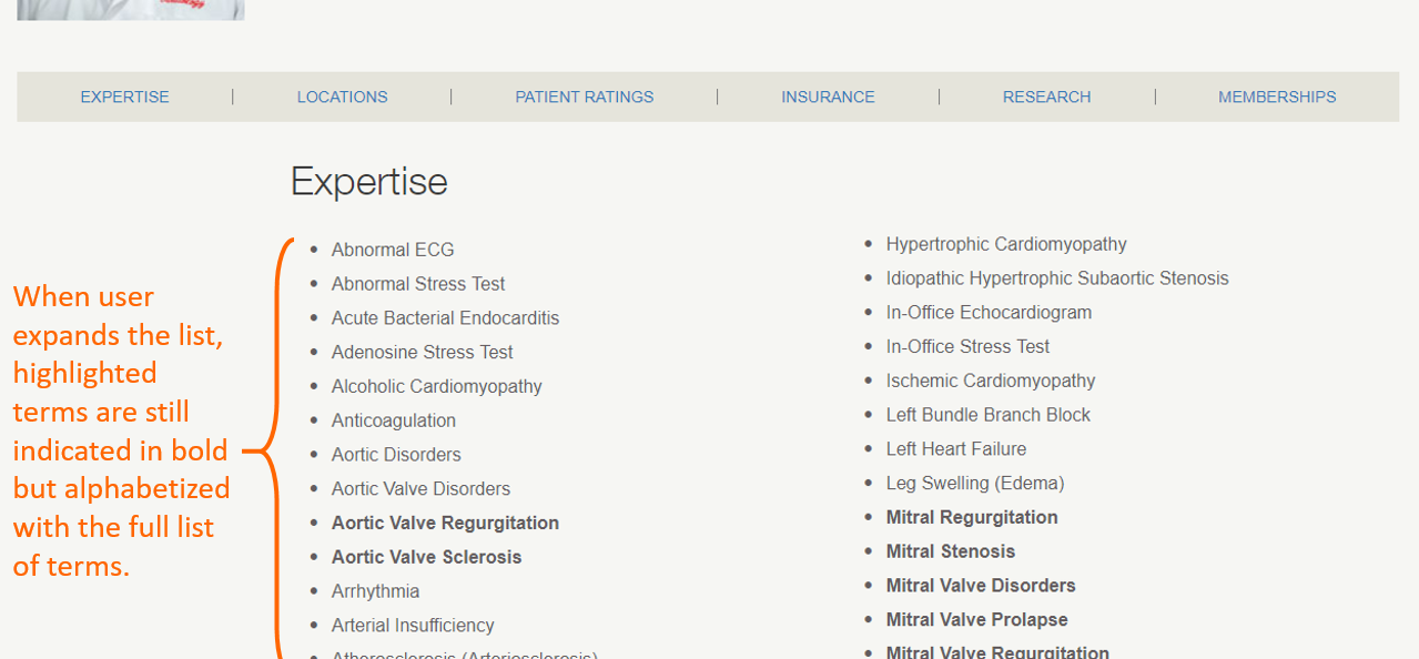 Screenshot of provider profile with clinical terms expanded, showing some highlighted terms. 